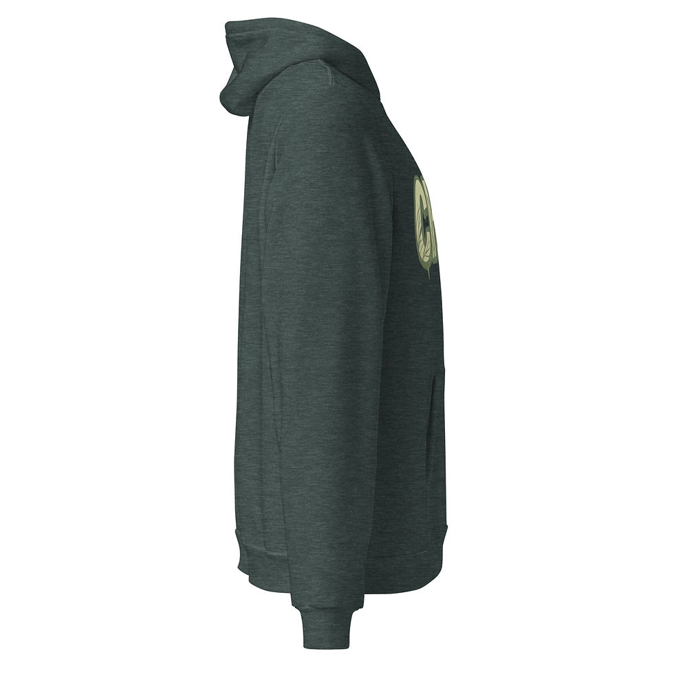 Thumbnail: Side view of a green sweatshirt with gold embroidery. 3FoldLoveCo