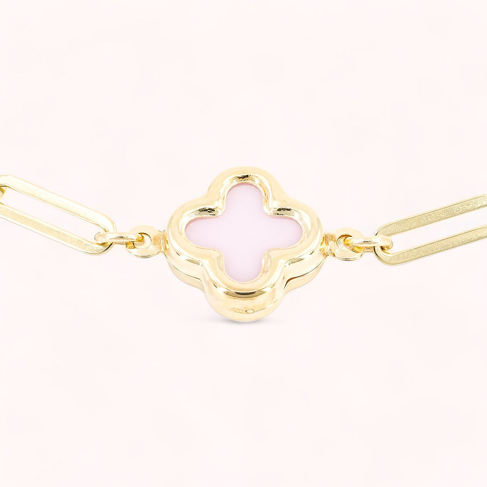 Miniatura: 14K Solid Gold Paperclip Link Bracelet With Pink Clover Charms