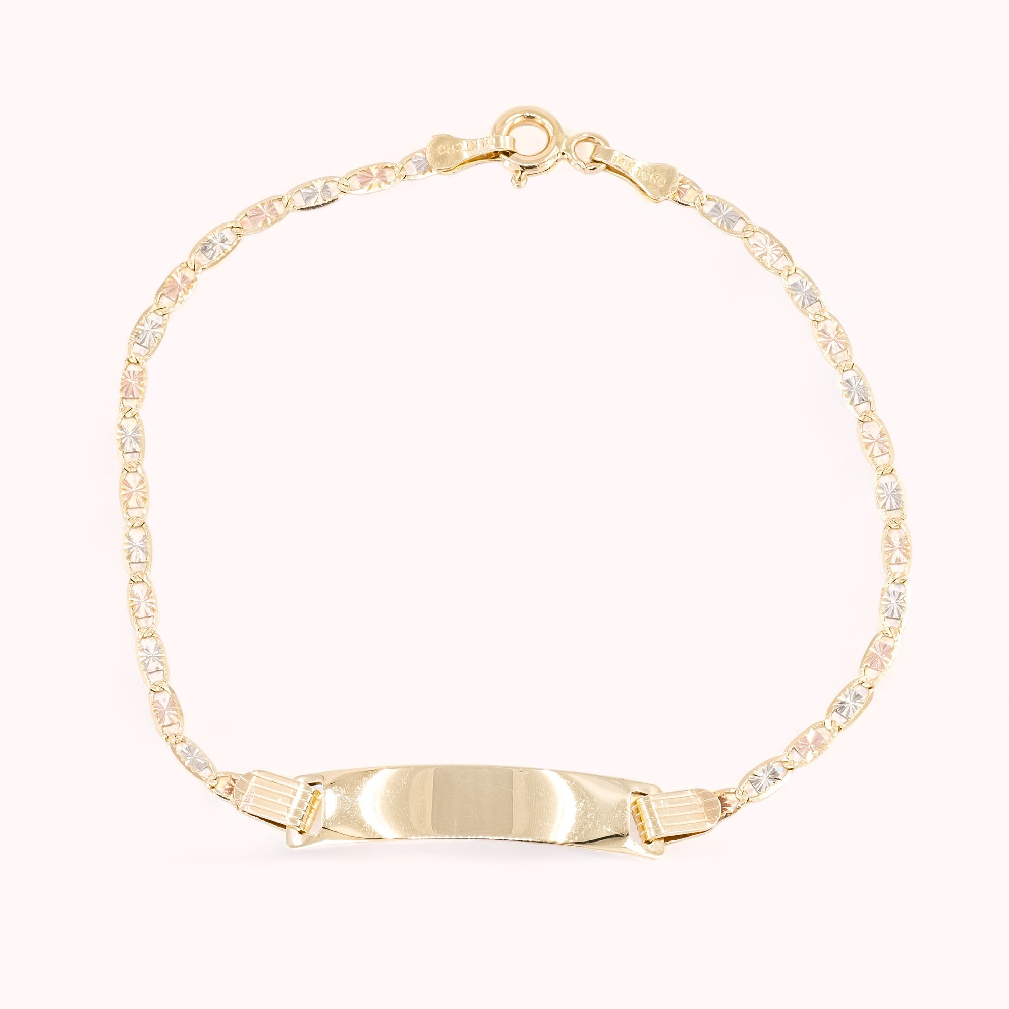 14K Solid Tricolor Gold Child Mariner Link Bracelet With Plaque