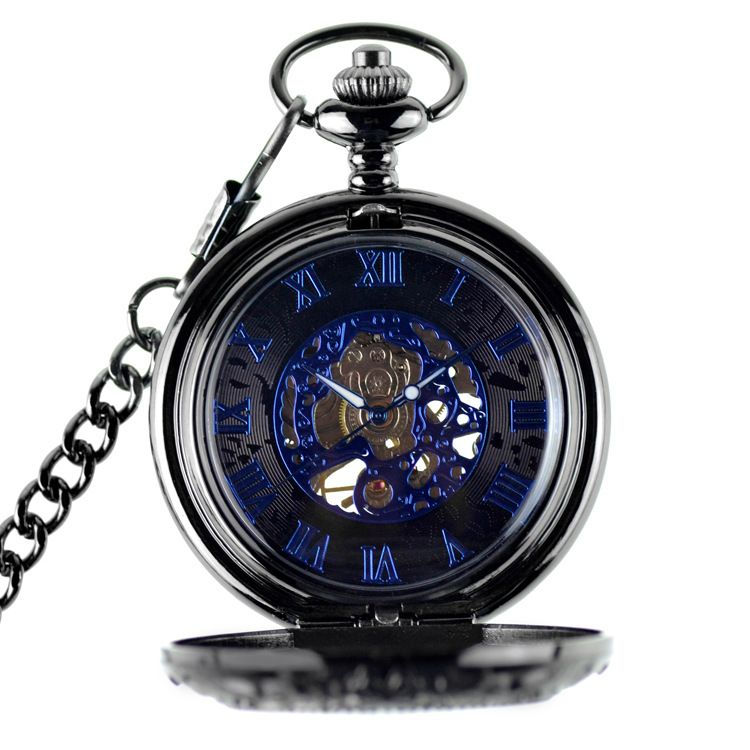 Thumbnail: Retro Flip New Roman Blue Surface Mechanical Pocket Watch