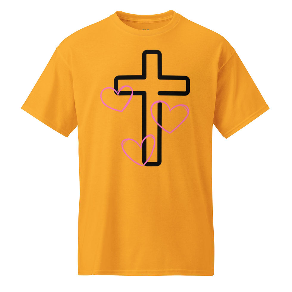 Thumbnail: Gold shirt with cross and hearts, Creation Waits - Crew neck sweatshirt, 3FoldLoveCo.