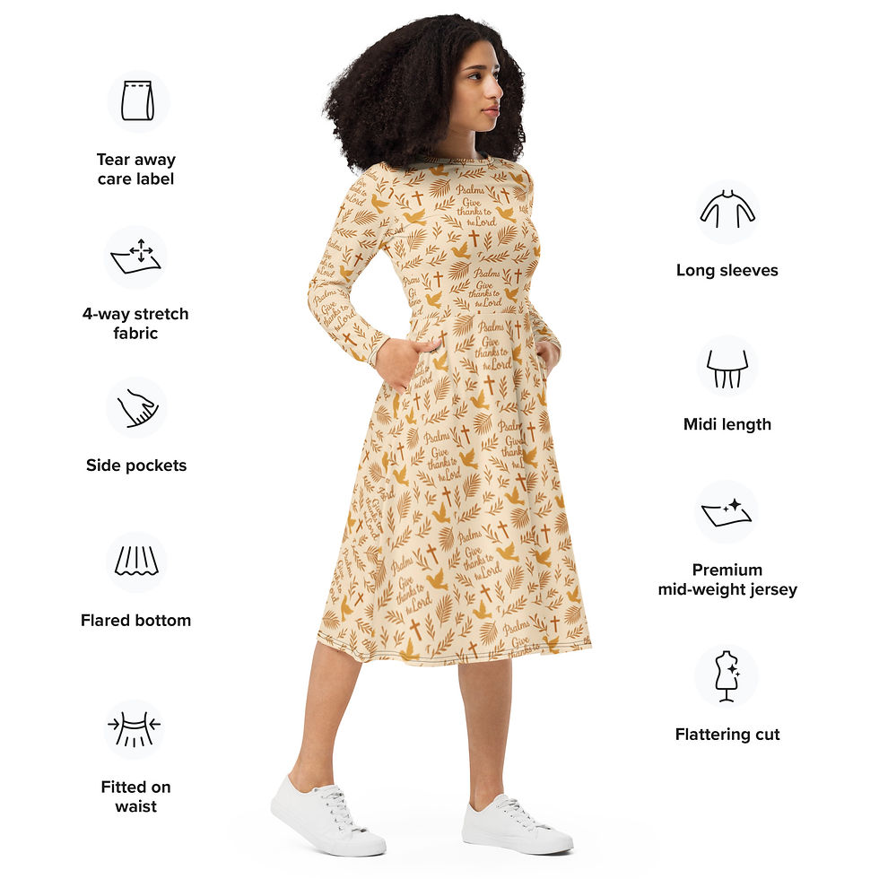 Thumbnail: Woman wearing beige dress with printed pattern. Tear away care label and pockets.
