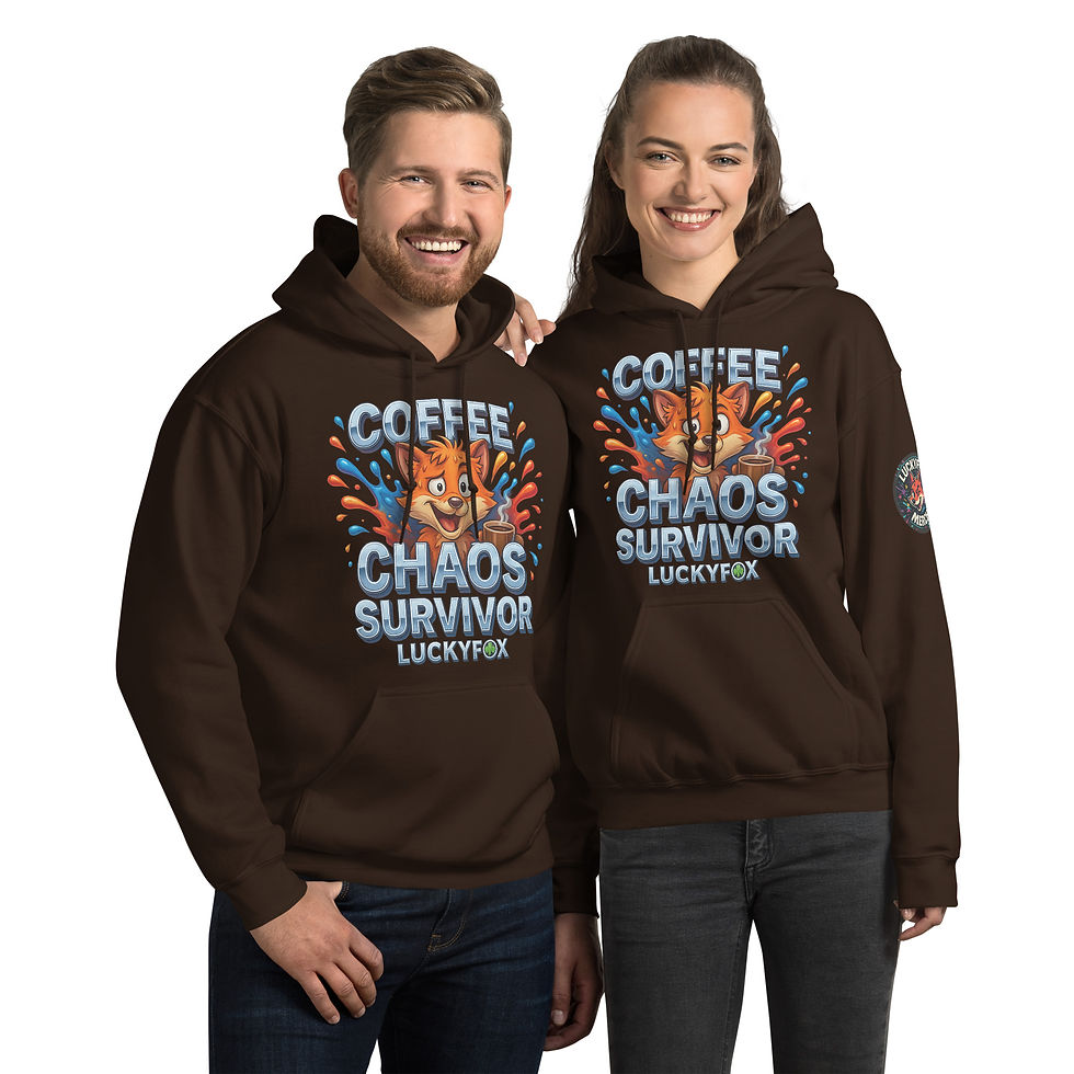 Thumbnail: LuckyFox Coffee Chaos Survivor hoodie with frazzled fox, chrome text, and colorful caffeine splashes