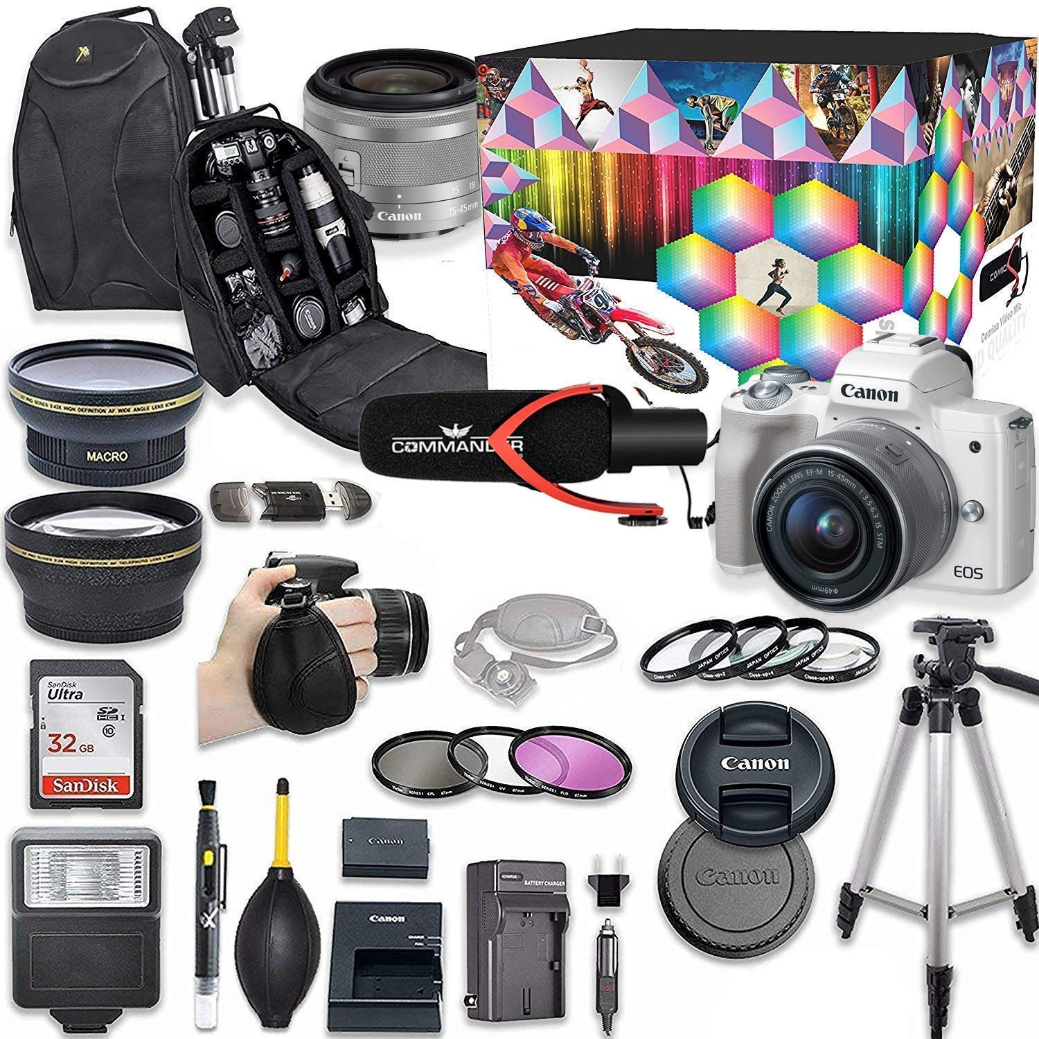 Canon EOS M50 Mirrorless Digital Camera with 15-45mm Lens Kit (White) + Wide ...
