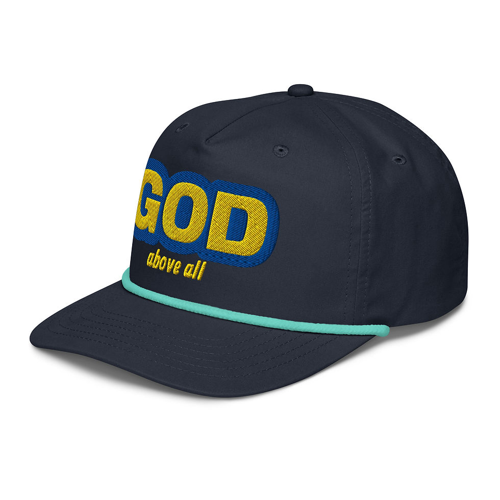 Thumbnail: Navy hat with GOD above all text, rope detail, and 3FoldLoveCo included.