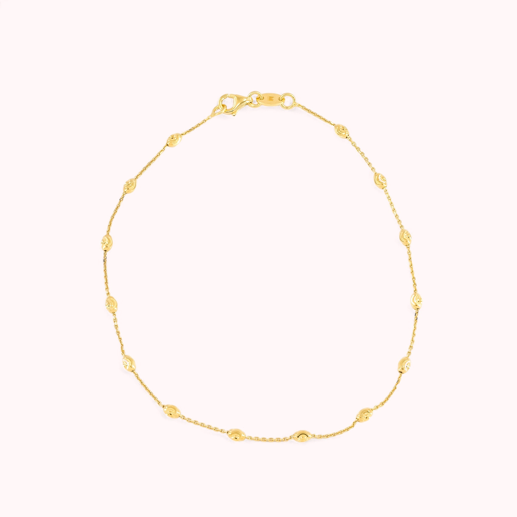 14K Gold Cable Link With Diamond Cut Charms Anklet 10”