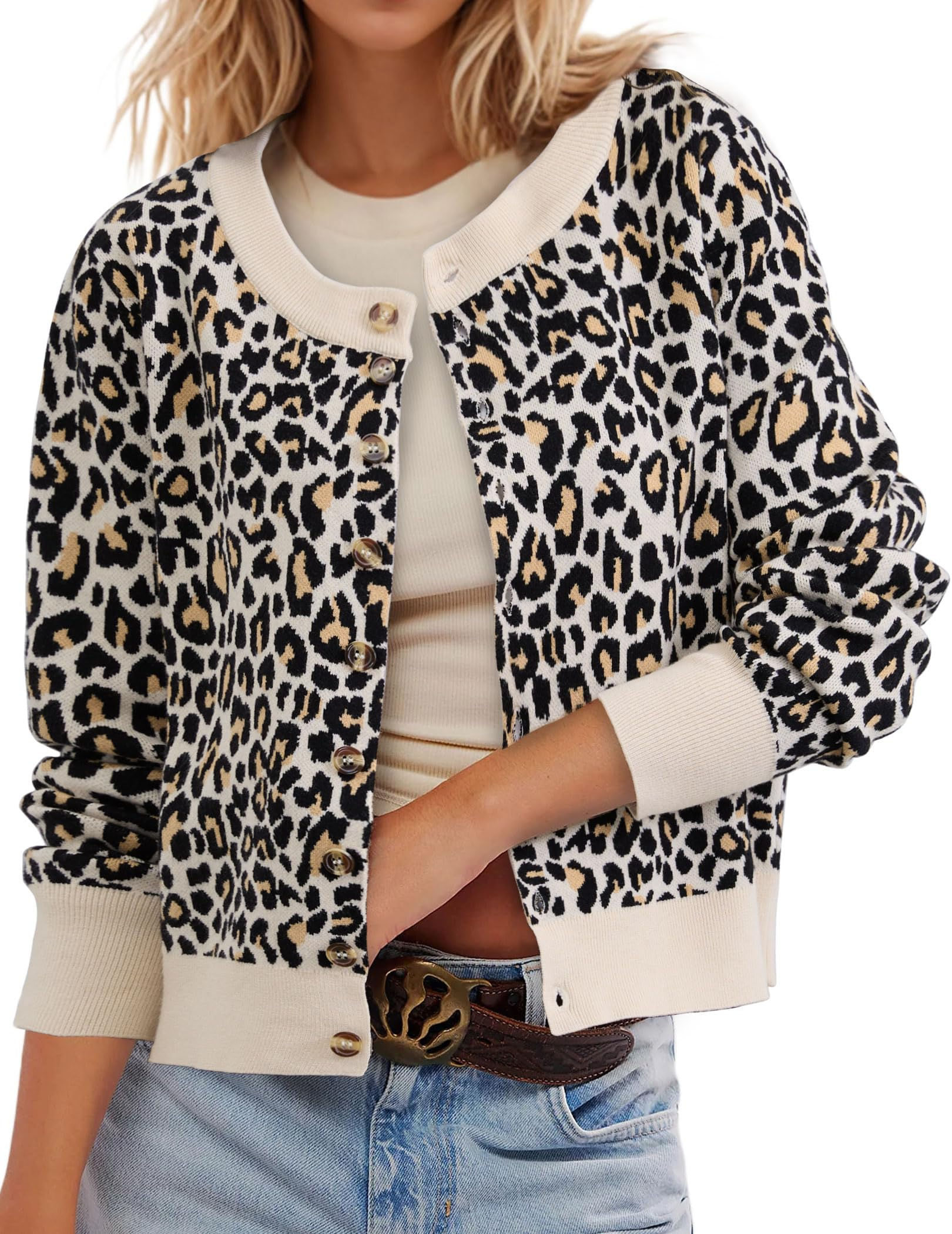 Ziesexy Leopard Cardigan for Women Button Up Cropped Sweaters Long Sleeve Ani...