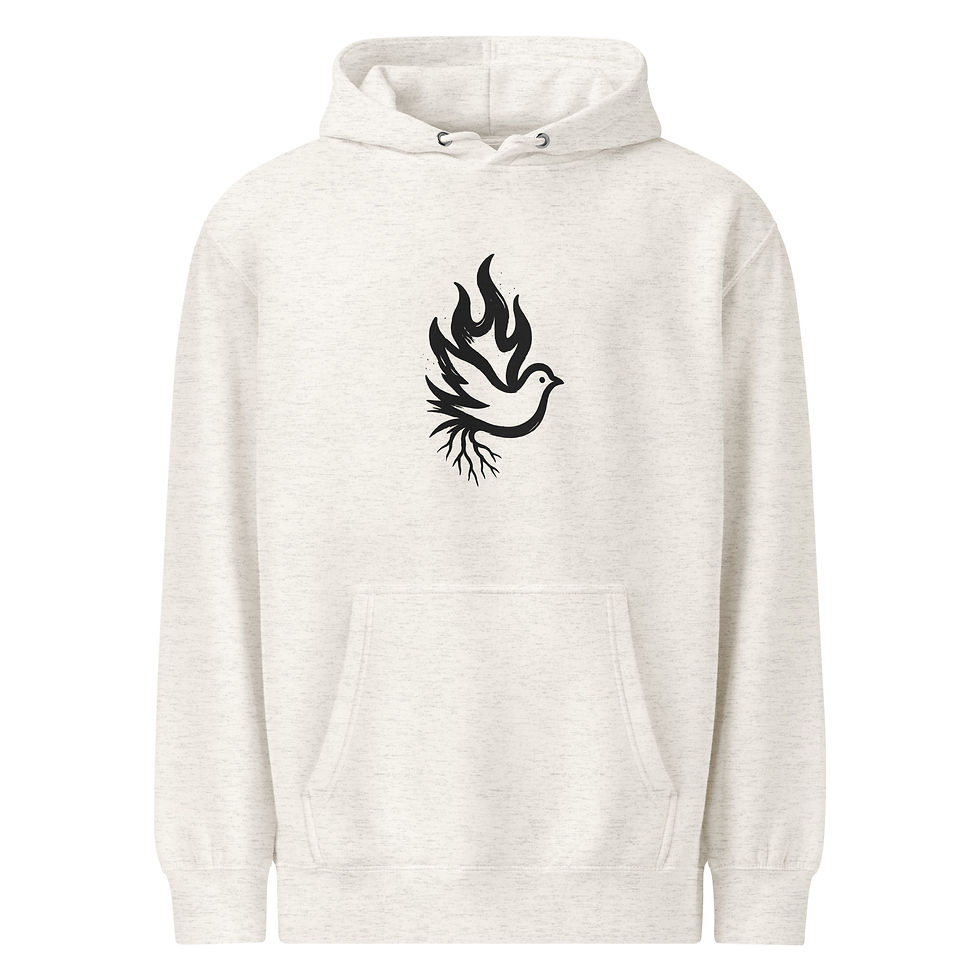 Cream hoodie with a dove in flames graphic, Creation Waits sweatshirt.
