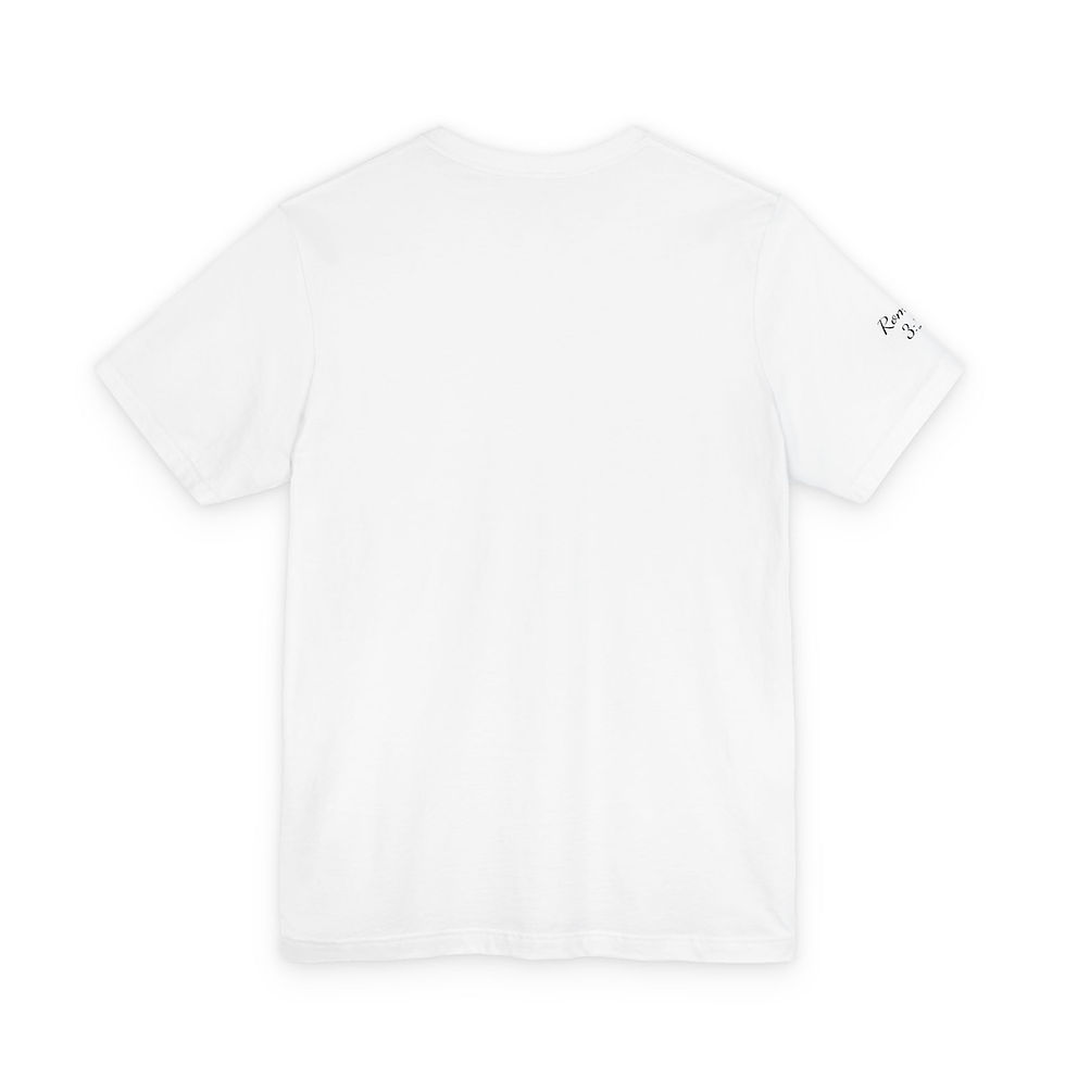 White t-shirt with text on sleeve