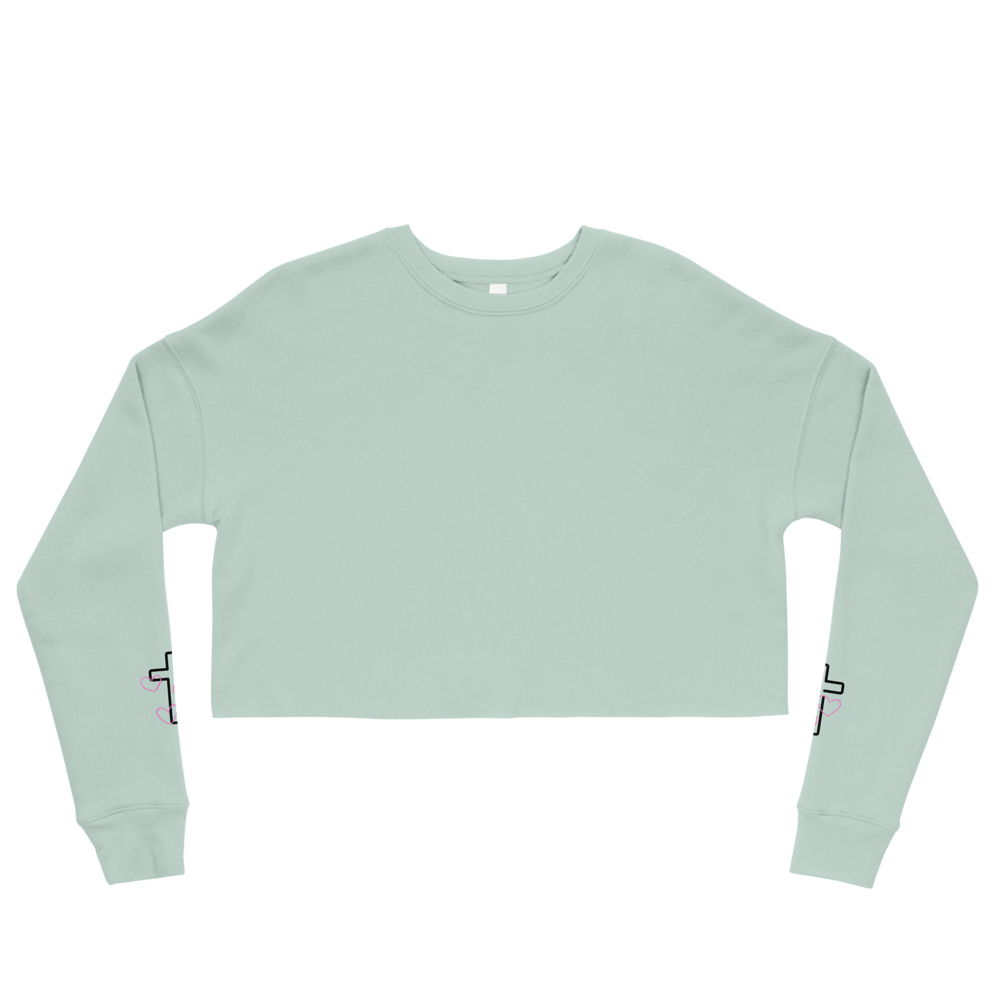 Mint green crop sweatshirt with cross design on the sleeves. 3FoldLoveCo