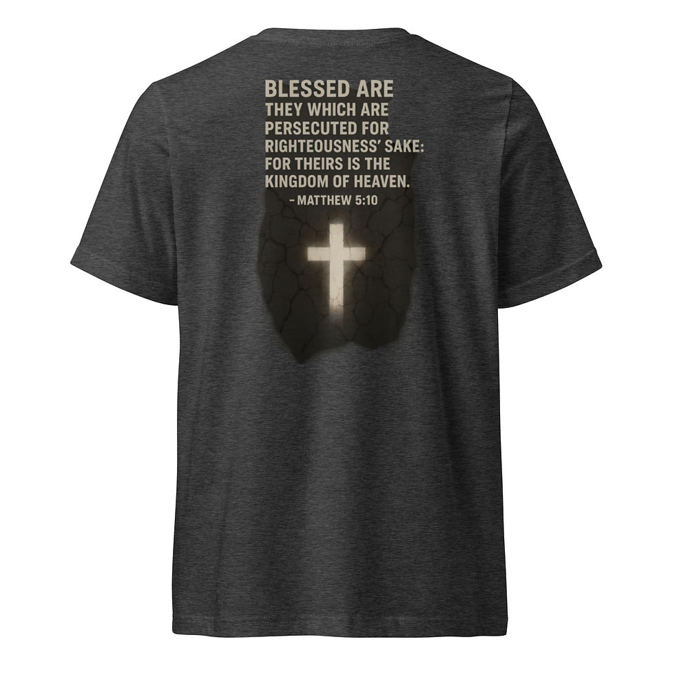 Thumbnail: Dark gray t-shirt with text: Blessed are they, Matthew 5:10. A Light Has Dawned - Crew neck sweatshirt.