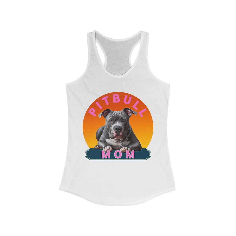 White tank top with Pitbull Mom graphic and dog illustration.