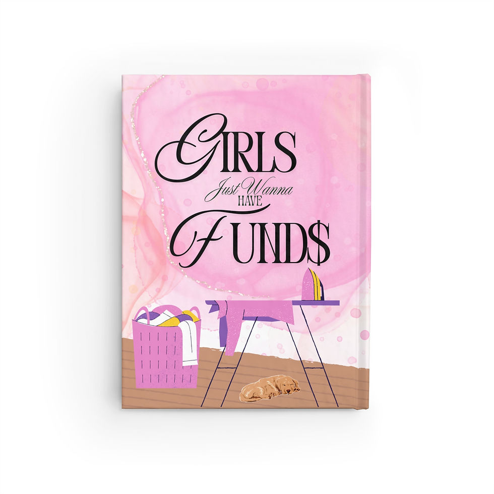 Girls Just wanna have funds pink bedroom with ironing board full laundry hamper and writing on the wall that says Girls Just Want To Have Funds and the "s" is a dollar sign