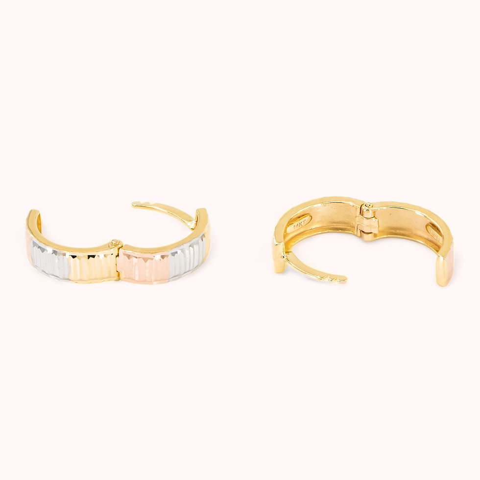 Thumbnail: 14K Double Sided Tricolor Gold Flat Ribbed Huggie Earrings