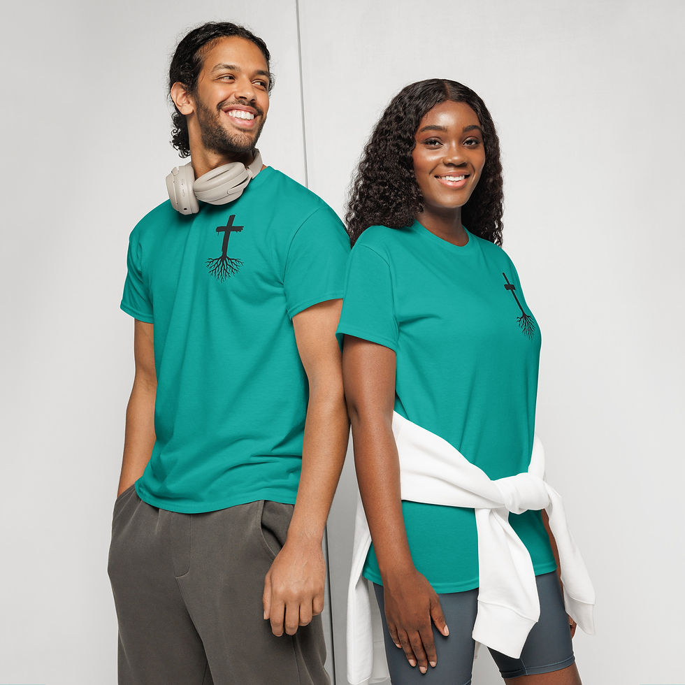Thumbnail: Smiling man and woman wearing teal t-shirts with cross design 3FoldLoveCo