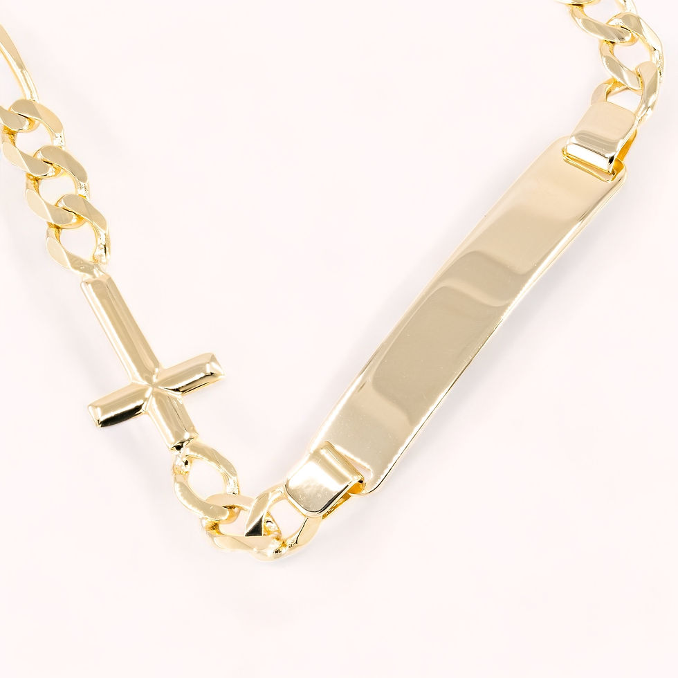 Miniatura: 14K Solid Gold Figaro Link & Cross With Plaque Children Bracelet