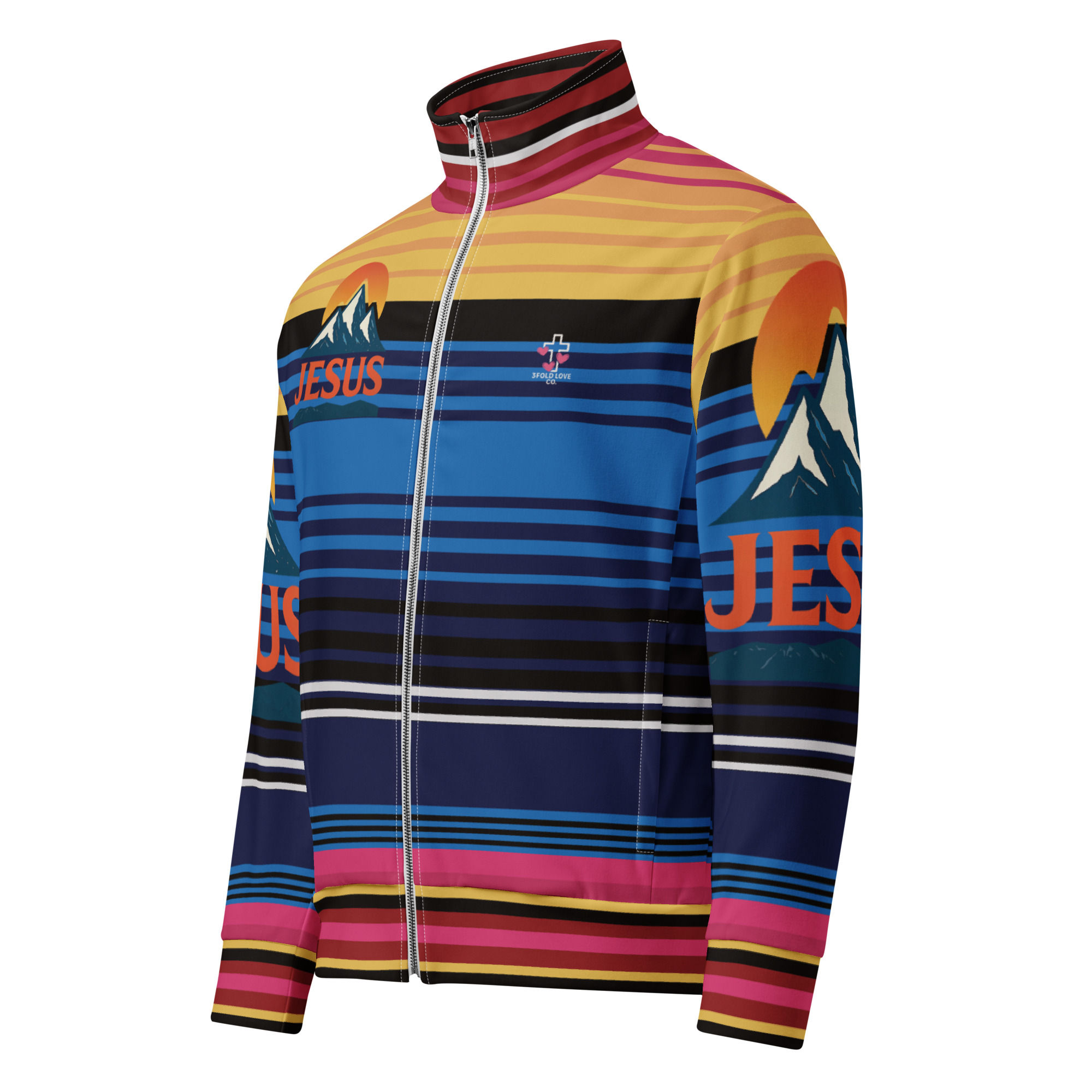 Colorful jacket with Jesus text and mountain design; vibrant, stylish clothing item.
