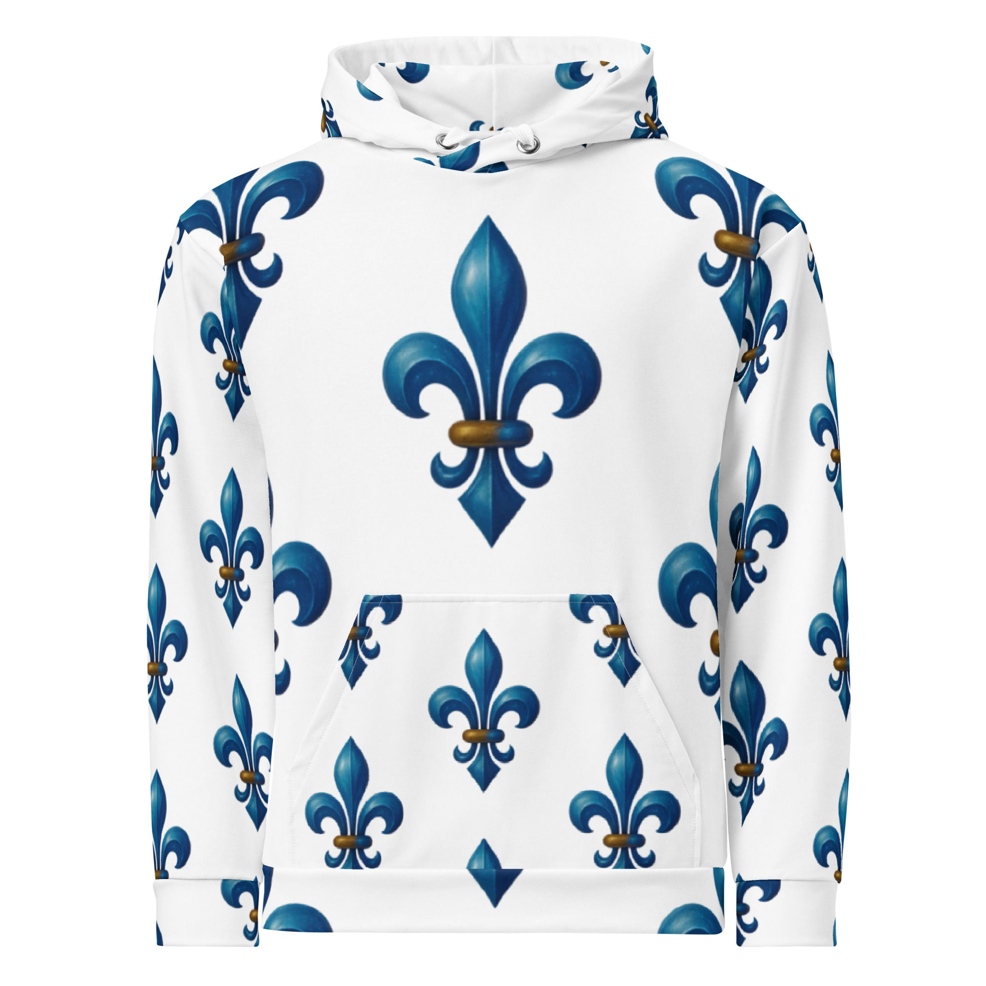 White hoodie with blue Fleur De Lis pattern, Finally Fleur De Lis 95% Cotton Hoodie