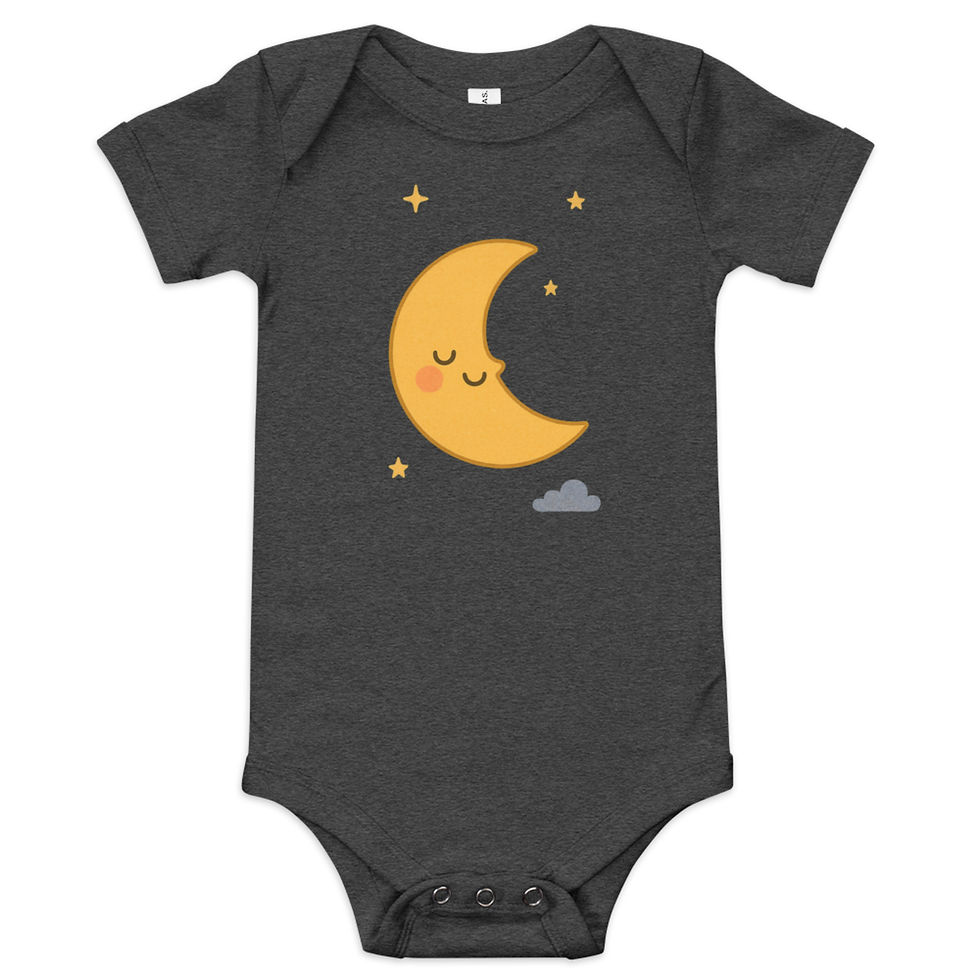 Thumbnail: Dark gray baby onesie with a smiling crescent moon and stars 3FoldLoveCo