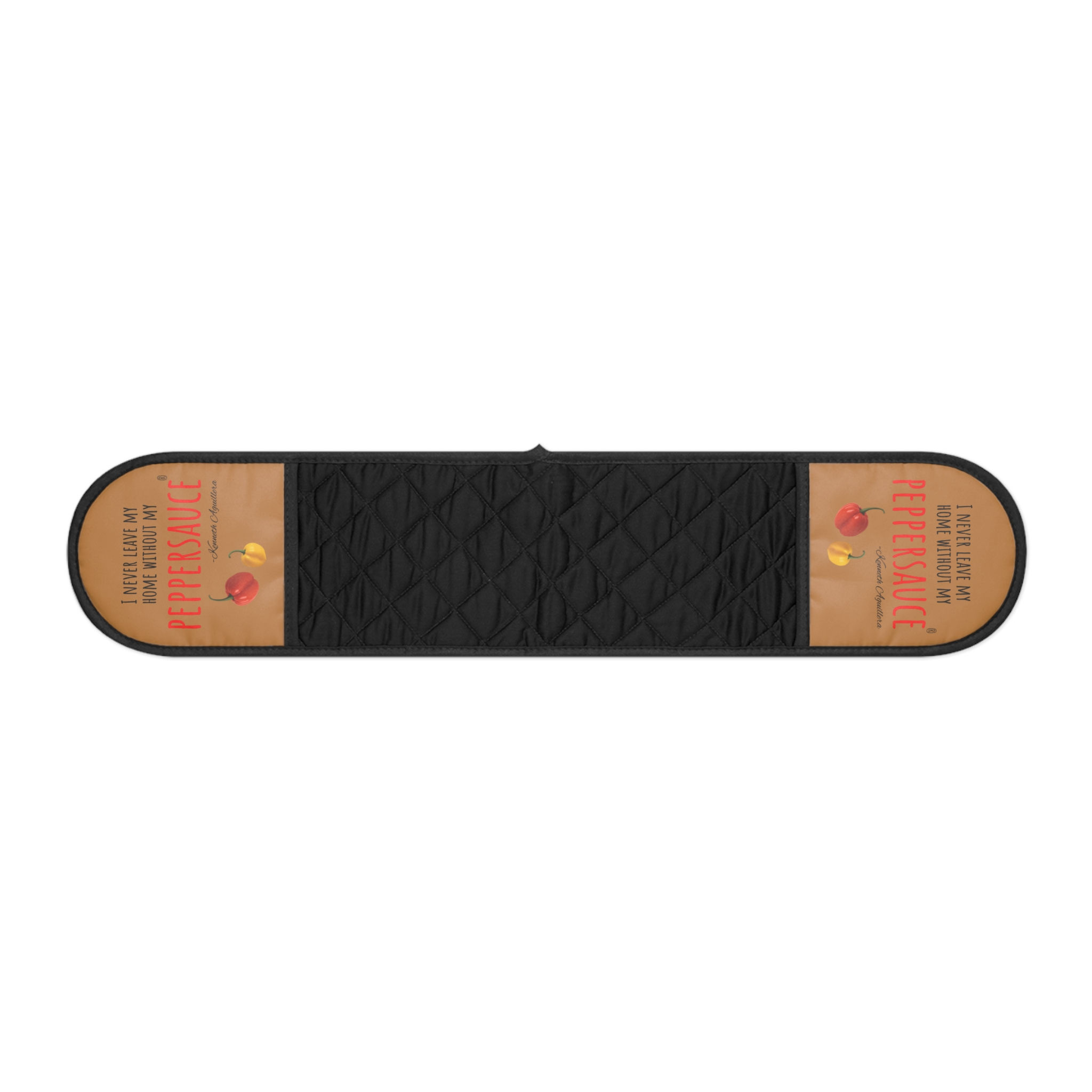 Oven mitts from the K. Aguillera Collection featuring the quote “I never leave my home without my Peppersauce” with red, blac