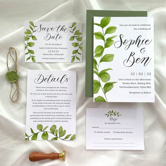 Wedding invitation suite with watercolour botanical leaves