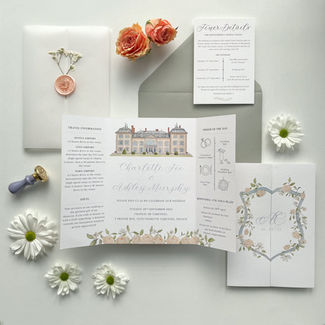 Custom gate fold wedding invitation, features a custom venue illustration, custom watercolour crest, vellum wrap, wax seal and a sage envelope.