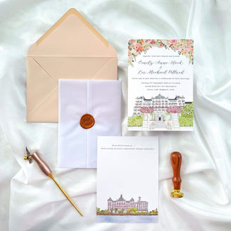 5x7 Custom wedding invitation with venue illustration of The Grand Hotel Des Iles
Borromees  & Spa Italy