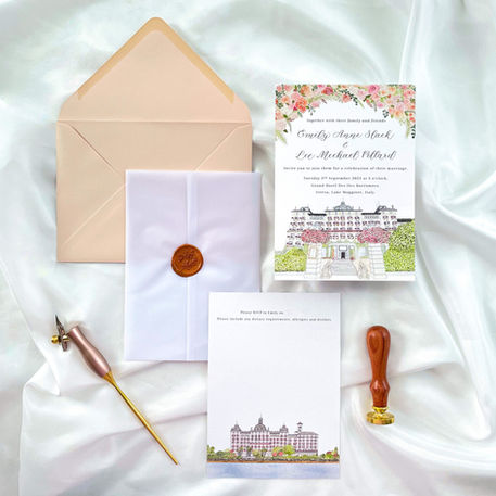 5x7 Custom wedding invitation with venue illustration of The Grand Hotel Des Iles
Borromees  & Spa Italy