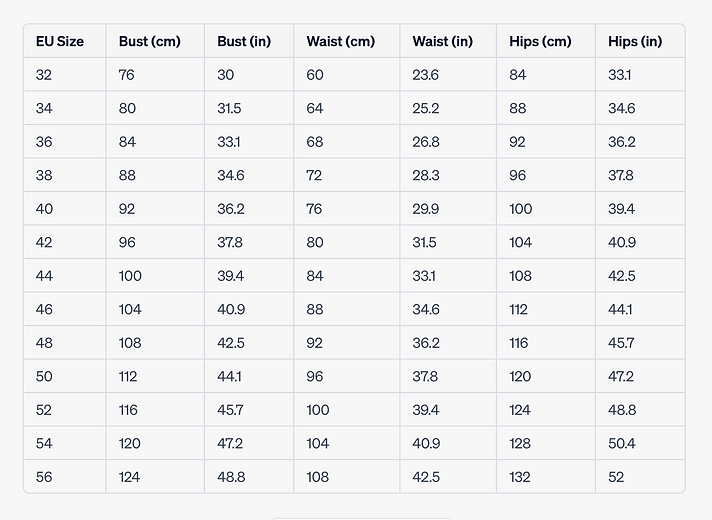 Women's clothing sizes for the European Union
