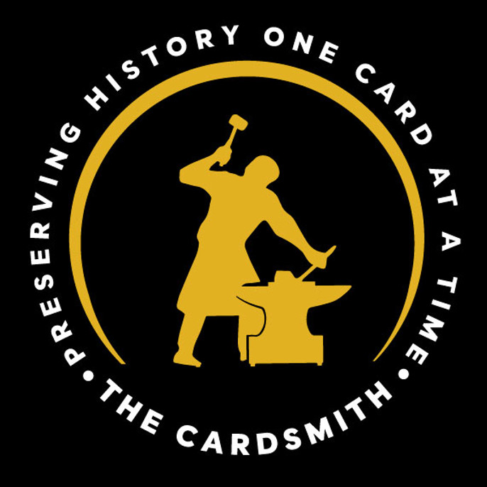 The Cardsmith Logo of yellow blacksmith surrounded by white words on black background