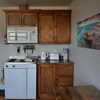 This room features a queen bed to sleep 1-2 people, a sofa bed to sleep an additional 1-2 people, a small kitchenette, TV, and private bathroom.