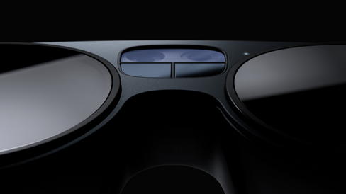 Close-up view showing the intricate details of smart glasses, including tiny sensors and a sleek frame design. In a wider shot, a man wears the interactive glasses.
