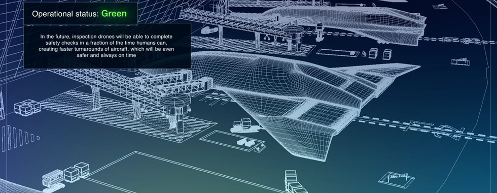 A futuristic rendering of a jet hangar and airplane, featuring virtual, augmented, and extended reality elements.