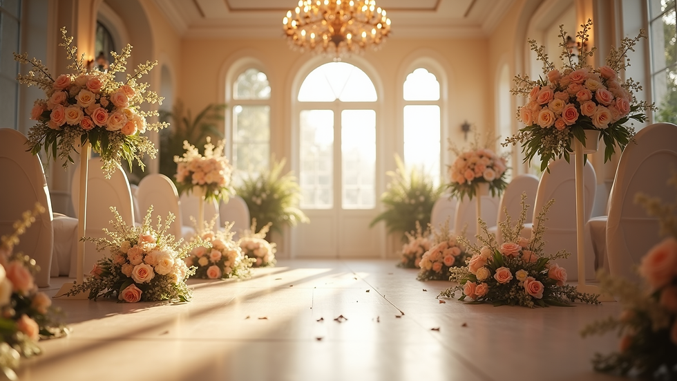 Eye-level view of a beautifully decorated wedding venue with floral arrangements