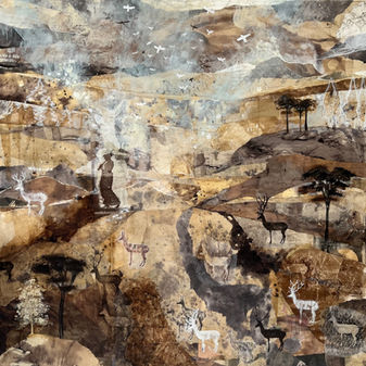 Fee Scroggie
The Ancient Wandering
Collage, Natural Inks, Egg Tempera, Raw Pigment and Beeswax on Canvas
1m x 1m
Large painting in earth colours showing ancient figures and deer wandering through a mystical atmospheric landscape