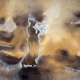 Fee Scroggie
Songweaver
Natural Inks, Egg Tempera and Beeswax on Canvas
26 x 26 cm
A lone female figure playing a flute silhouetted with a white glow on a swirling inky background like an ancient ghost atmospheric and mystical painting on canvas