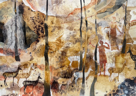 Fee Scroggie, On Ancient Plains, Collage Natural Inks, Egg Tempera Raw Pigment and Beeswax on Wood
42 x 59 cm
Atmospheric painting reminiscent of ancient cave paintings showing archers and deer between tree trunks and ghostly figures on an ancient plain