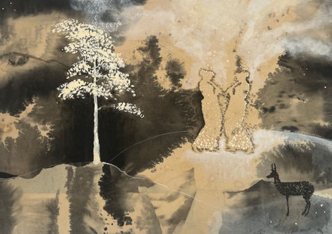 Fee Scroggie
Wyrd Sisters II
Collage, Natural Inks, Egg Tempera and Beeswax on Wood
42 x 59 cm
Two female figures silhouetted with light behind them and a deer in an abstract collage monochromatic landscape with a glowing white tree and swirling ink a mysterious and atmospheric painting