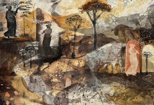Fee Scroggie
Do Trees Hear Music?
Collage, Natural Inks, Egg Tempera, Raw Pigment and Beeswax on Board
48 x 70mm
A painting of ancient figures playing flutes singing the trees into being in a mysterious ghostly mystical landscape