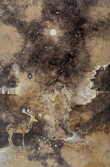 Fee Scroggie
I am a Child of the Starry Heavens
Collage, Natural Inks, Egg Tempera and Beeswax on Wood
30 x 40 cm
Mysterious glowing painting of a female figure in ancient dress with a deer in a nocturnal setting with full moon and stars on a collage base of aged and creased stained papers hypnotic and alluring