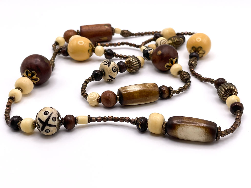 Thumbnail: Mixed Material Beaded Necklace – Wood, Bone, Horn & Glass, 19”