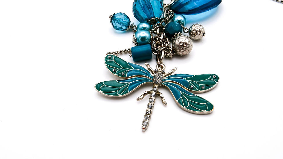 Thumbnail: Dragonfly Drop Necklace - Blue, Turquoise, Teal, Silver-tone chain