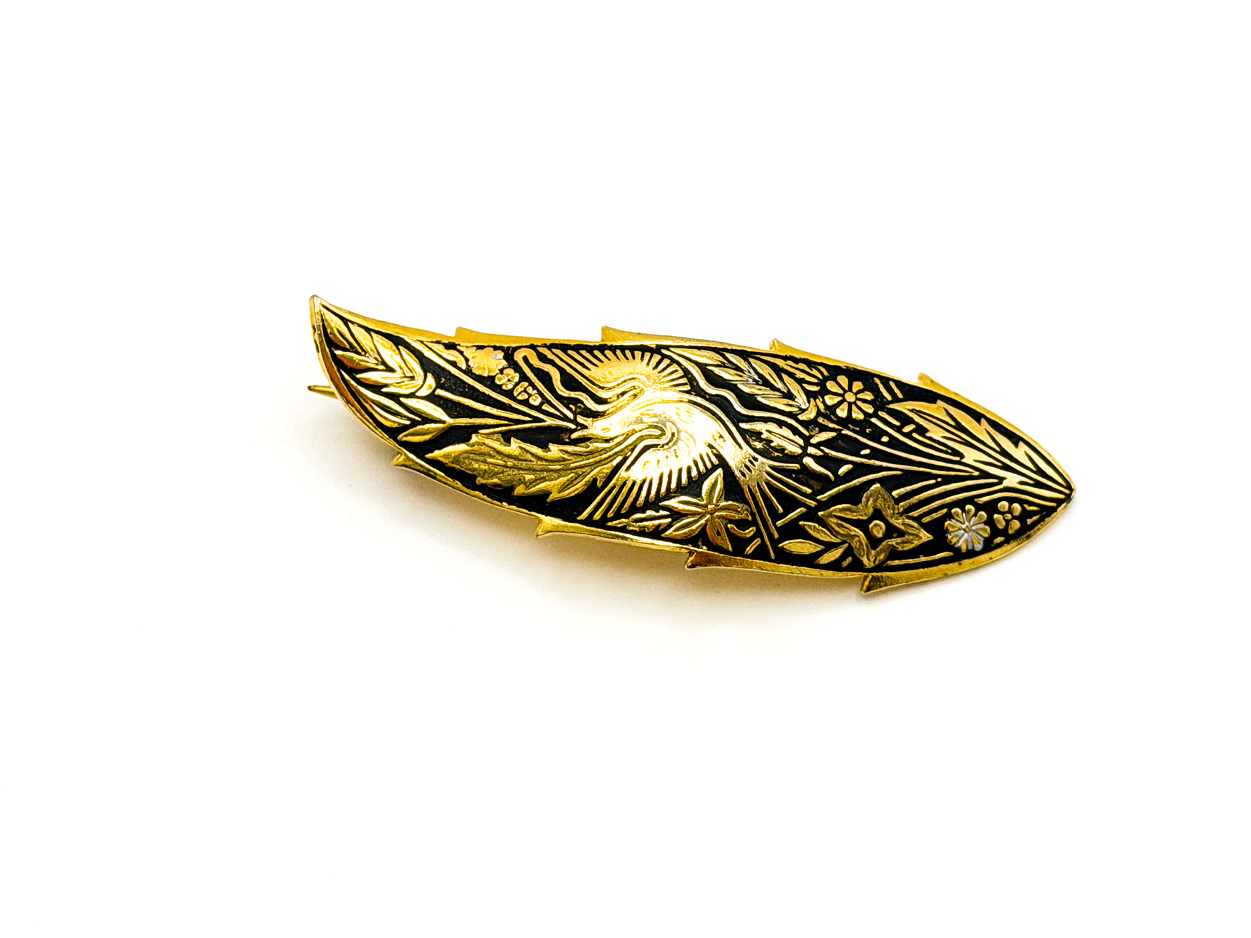 Vintage Damascene Feather / Leaf Bird Brooch