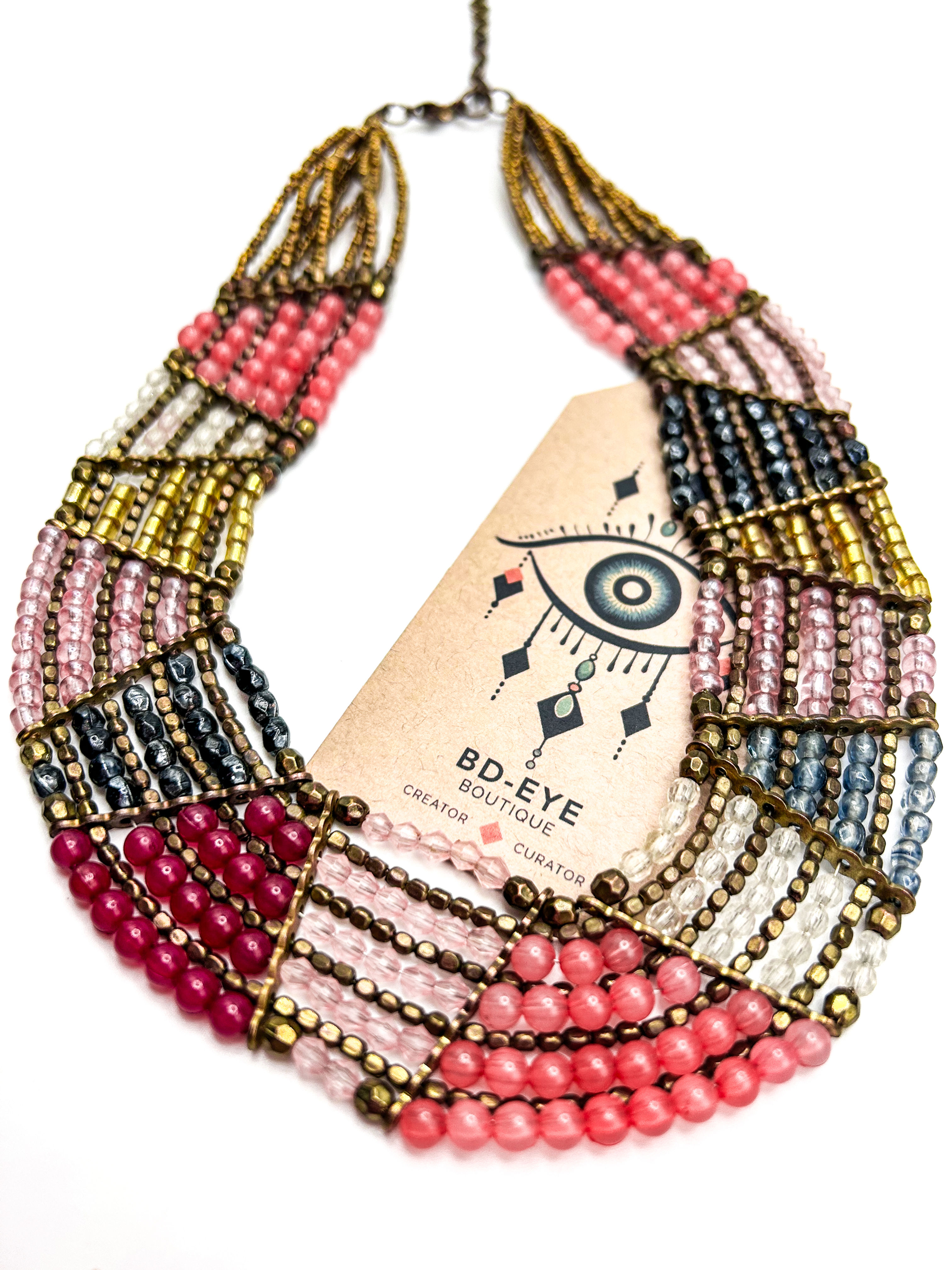 Multicolour Layered Glass and Brass Bead Collar Necklace