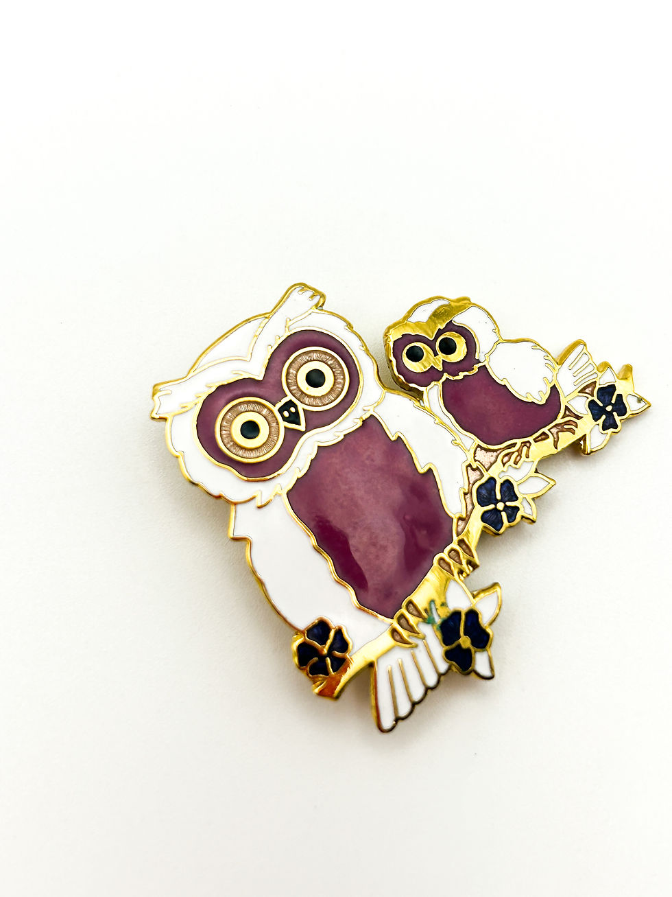 Thumbnail: Vintage Fish & Crown Gold-tone Enamel Double Owl Brooch