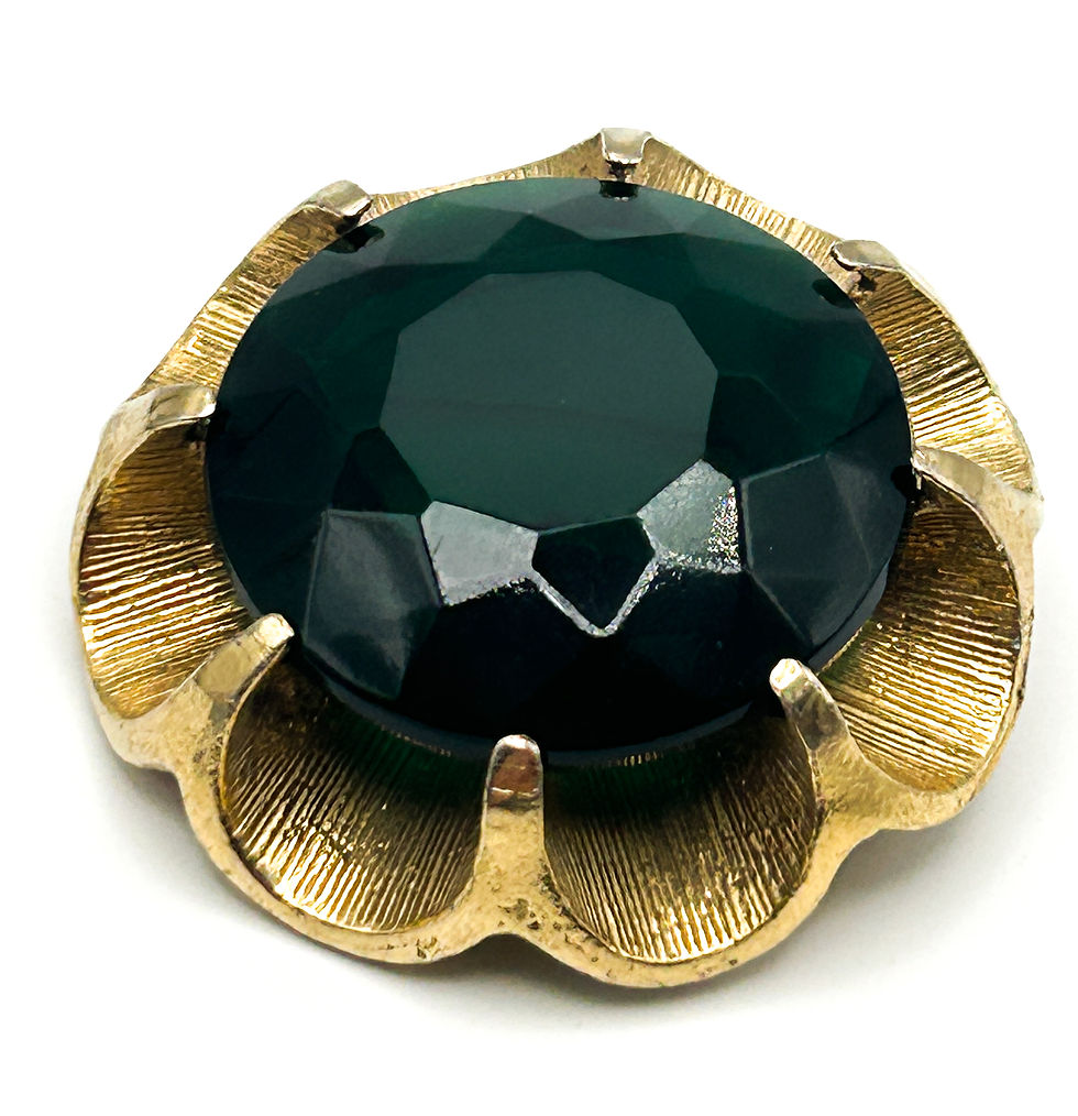 Thumbnail: Vintage Green Glass Brooch Large Faceted Stone Gold Tone Statement Pin