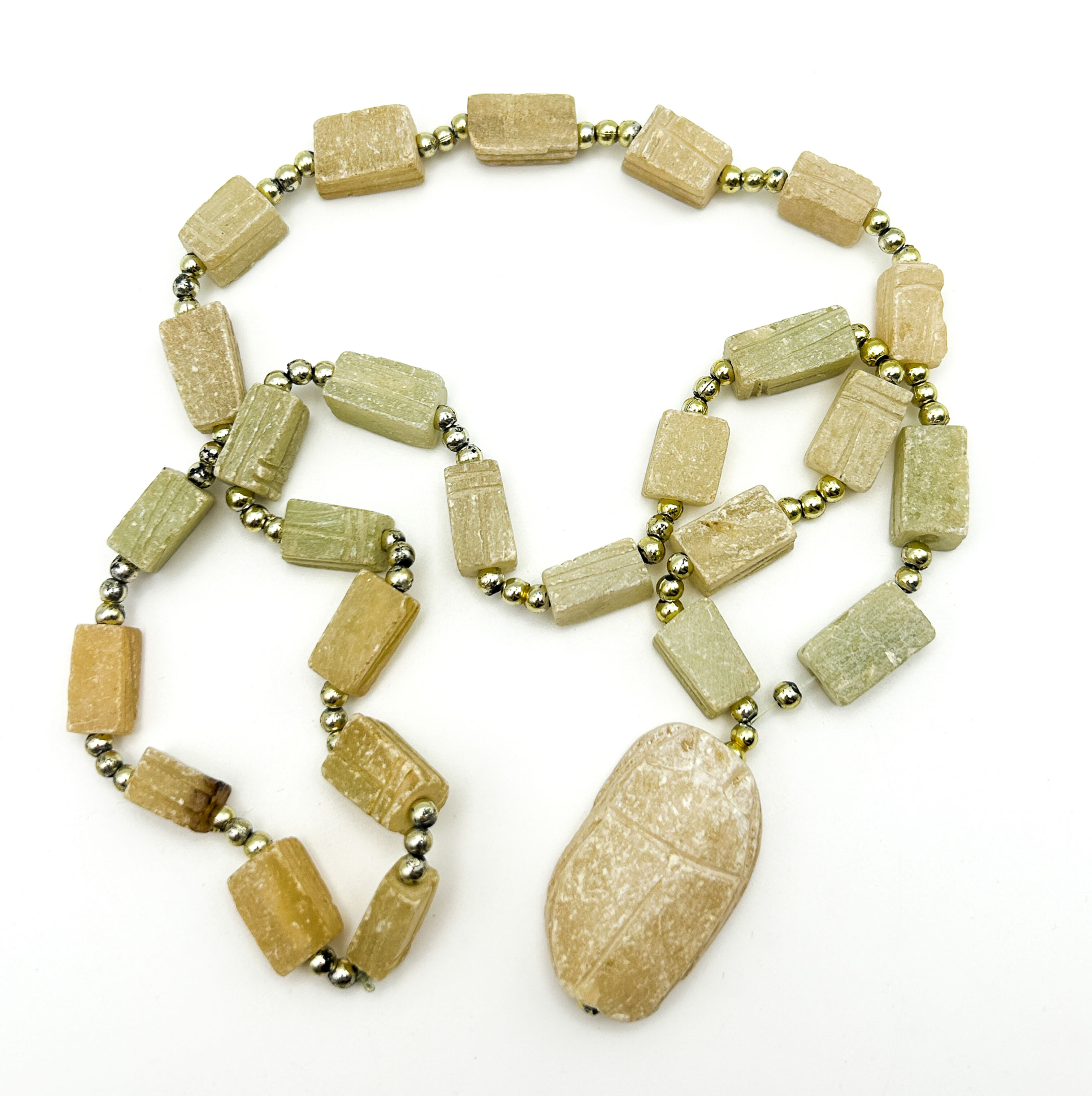 Egyptian Revival Carved Scarab Bead Necklace – Soapstone Panel with Drop Pendant
