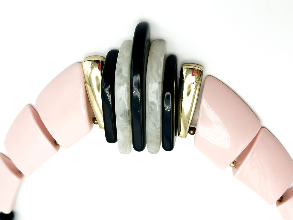 Thumbnail: Vintage Style Pink, Black & White Acrylic Statement Necklace Gold Tone Fringe