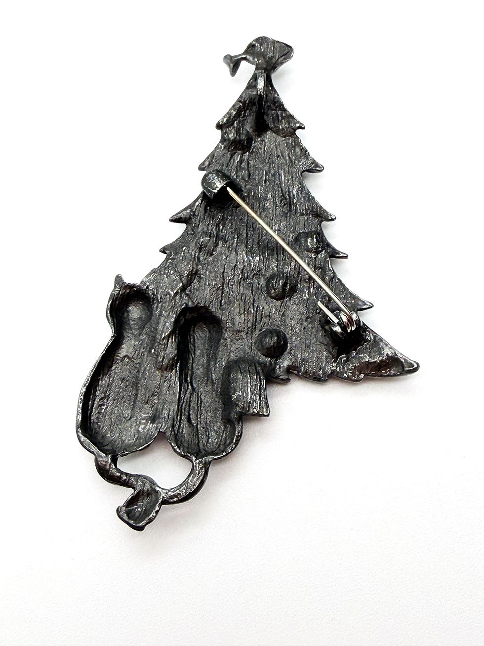 Thumbnail: JJ Jonette Cats Christmas Tree Brooch Pewter Rhinestone Lights Cat Pin Pendant