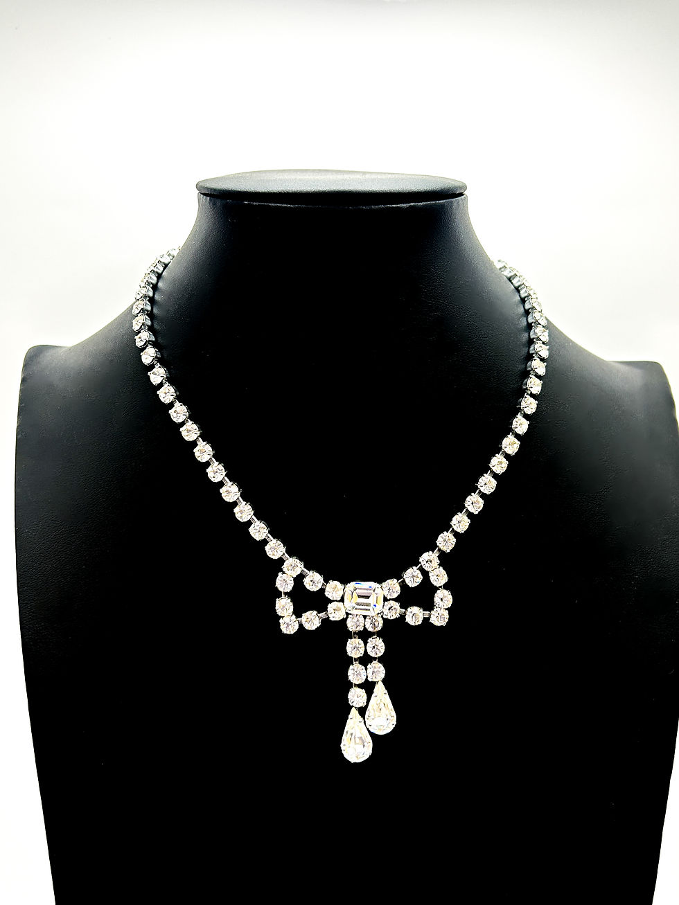 Thumbnail: Vintage Rhinestone Bow Necklace Silver Tone Teardrop Dangle Bridal Prom